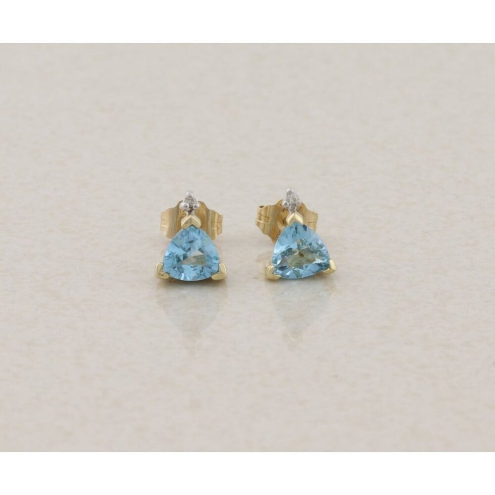 10k Yellow Gold Natural Blue Topaz & Diamond Earrings Stud 5/16" x 1/4"
